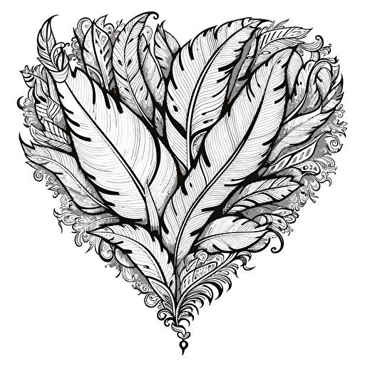 a feather plume made with hearts for a birthday card that is a simple black and white vector line drawn so I can color later