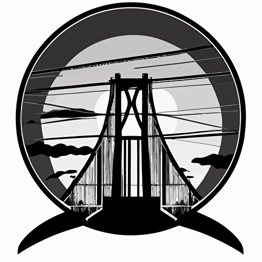 a simple logo of the sillouette of suspension bridge in the background, flat, vector, no color, no text, anime