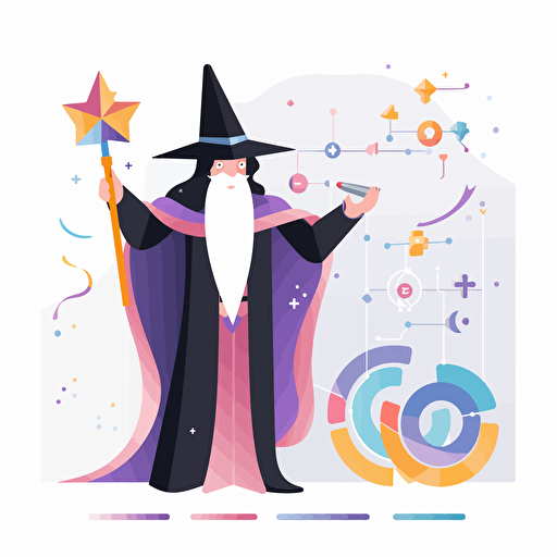 Power BI Wizard logo illustration, holding a magic wand, surrounded by diagrams and dashboards, flat design, modern, professional, white background, Adobe Illustrator, vector format, RGB color mode