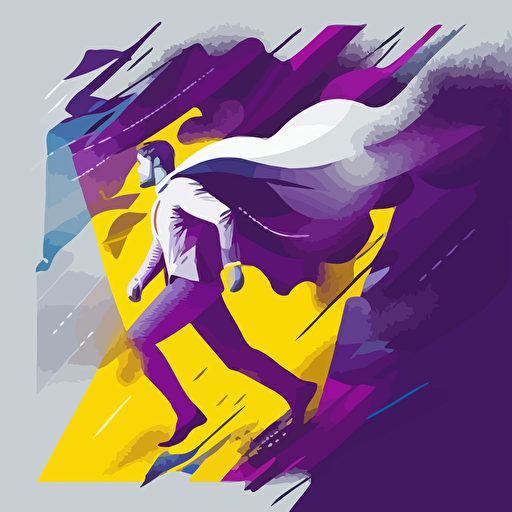 Modern, vector, illustration of heroic person following dream and business. In colors purple, yellow, gray and white.