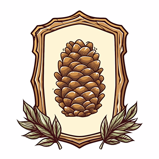 Vector rectangle cartoon wooden carved sign FRAME crest of a pine cone white background