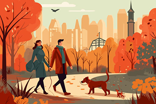 couple and friends walking with the dog in the park, free vector, in the style of 1960s, animated illustrations