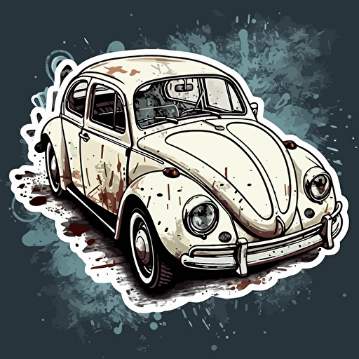 white 1968 vw beetle, 80s horror comic art, Sticker, Vector