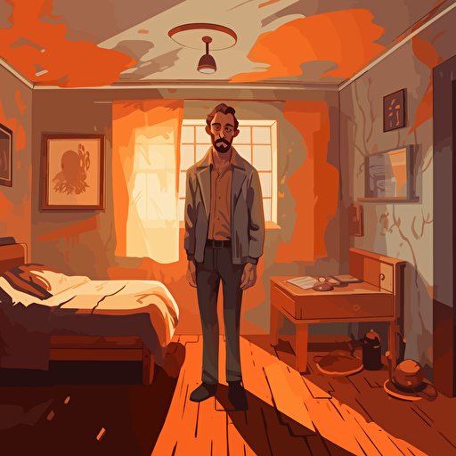 Illustration of a man standing in a decrepit old orange bedroom, facing camera, vector, 2d animation