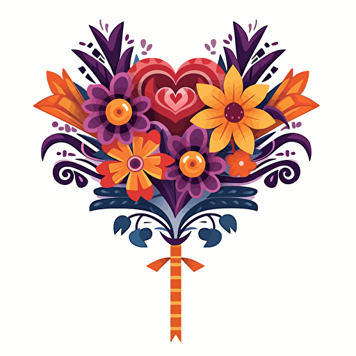 sinister-looking Texas-style flower bouquet in vector art cartoon style, hearts, flat color, white background