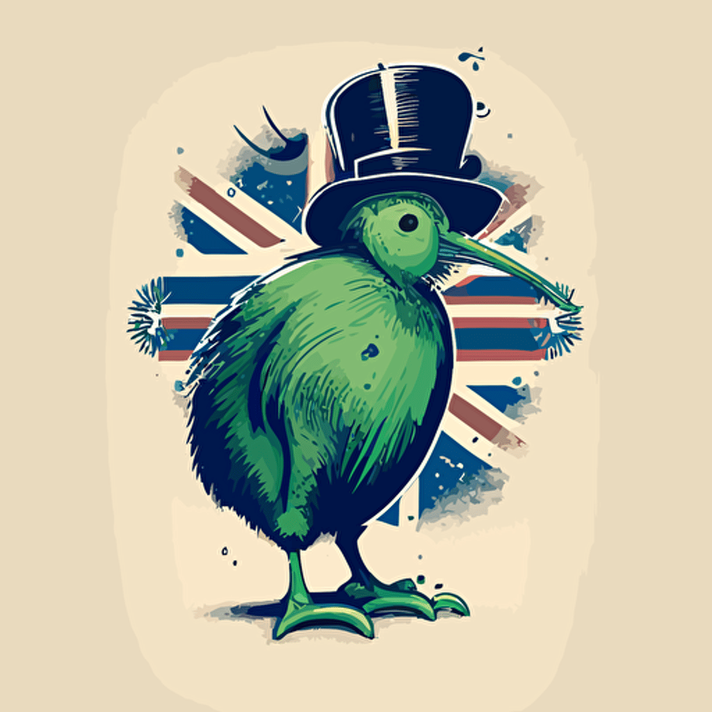 vector line drawing of kiwi bird holding a flag with a bowler hat in the center of the flag