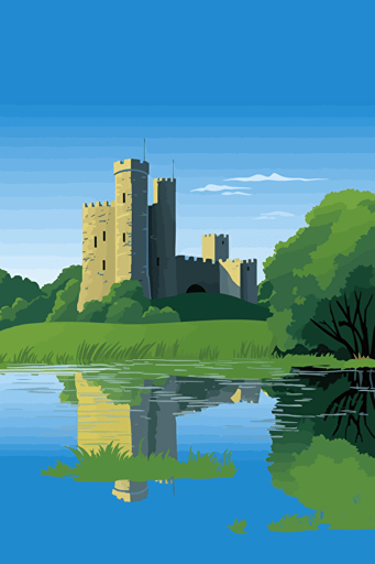 caldicot castle ancient, vector digital art, river, wistful, 1960s, vector art, blue sky,