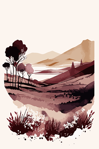burgundy and beige watercolour landscape, minimalist, vector, contour