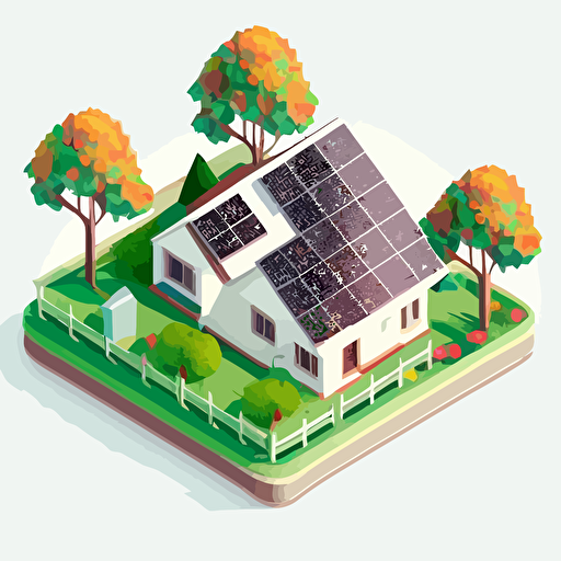 simple vector drawing, single color, vector image, house with trees and photovoltaic panels on the roof, isometric view, white background