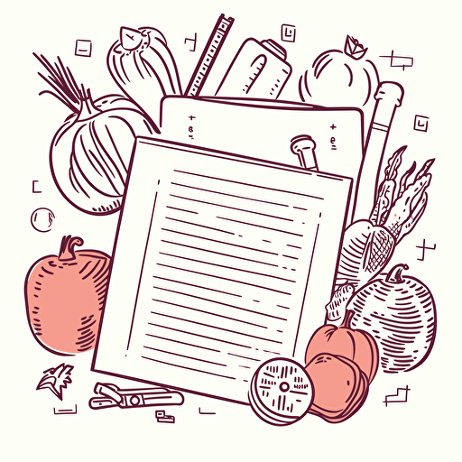clipboard with an invoice on it, surrounded by fruits and vegetables, clean vector line drawing style