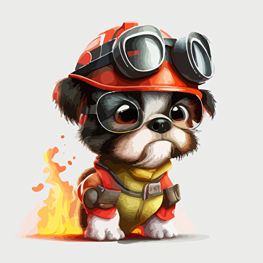 a very cute baby dog wearing very big sunglasses dressed up as a fireman, as a cartoon type, as a vector, white background, bright graffiti colors
