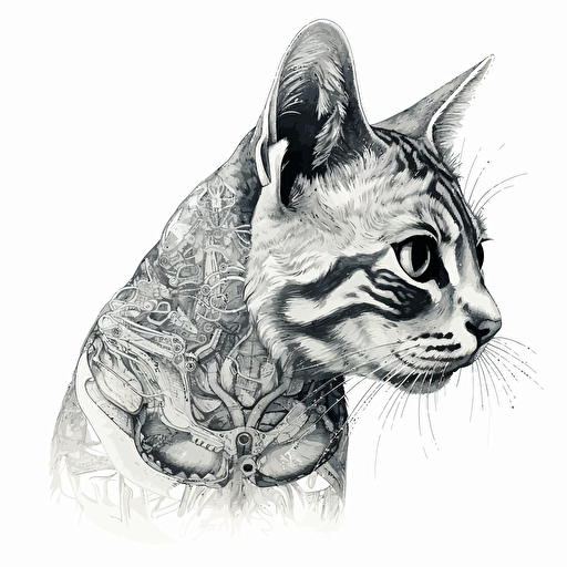 intracranial imaging of a cat, skin and brain systems are exposed and visible, style like vector art, white background