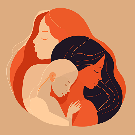 Create a minimalist digital art piece in a vector style depicting two lesbian mothers cradling their newborn child. The composition should focus on the intimacy of the moment, with the mothers holding the baby close and embracing each other. Use a warm color palette to convey the love and joy of this family moment.