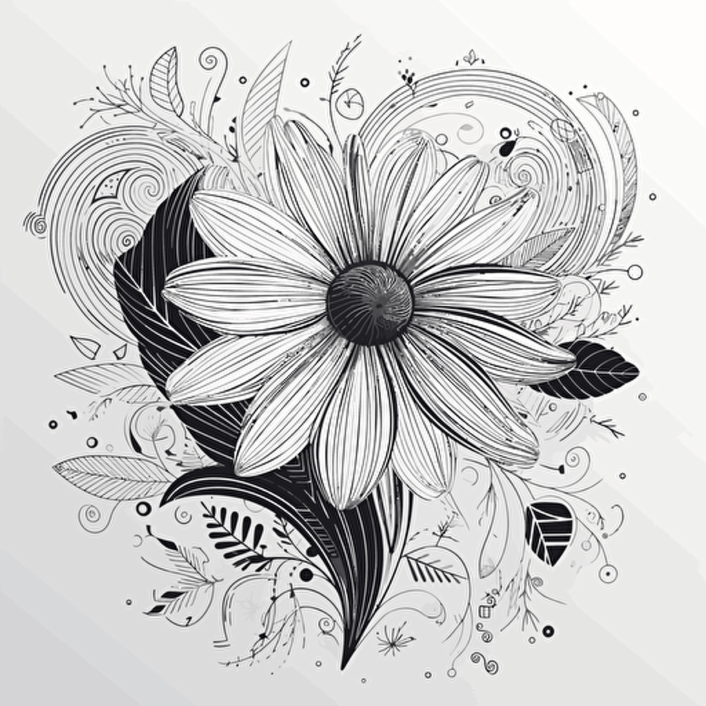 vector line draw black and white flower and heart hyper simple clean