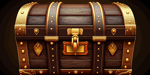 closed hidden treasure chest in brown, with golden lining, hidden in the streets of a big city, vector art