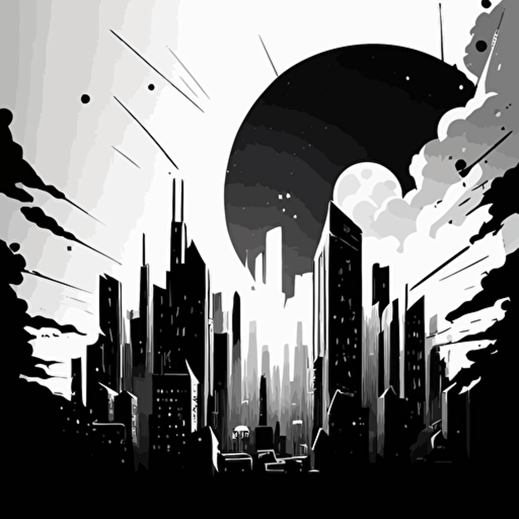 A minimalistic comic illustration of a city of skycrapers, with great detail, lights and clouds covering the sun, representing a great future, style: minimalistic flat vectors, black and white, detailed, no shades, art by Humberto Ramos.