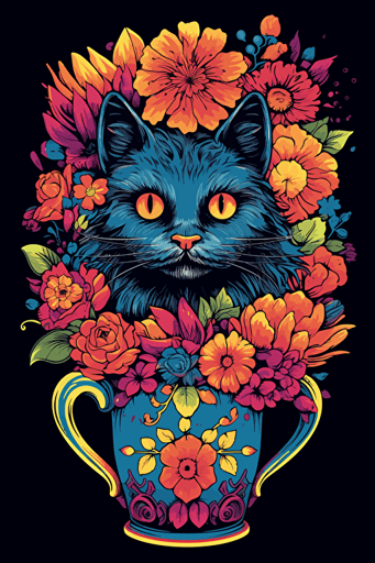 colorful svg vector drawing of vase full of flowers behind a a beautiful cat