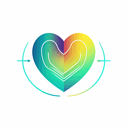 clean minimalistic emblem logo of an earth-like heart with a pulse line, vector, gradient, green, blue, yellow, pink on white background