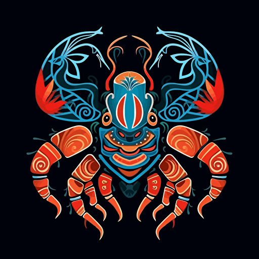 logo design, using traditional Maori patterns, with a crayfish as the main feature, coloured vector image