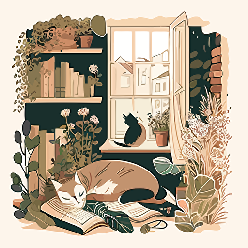 neutral colors, english country cottage style room with small stack if books, sprigs of herbs and flowers resting in the foreground, small cat sleeping in a cute pose near the books, nick-nacks positioned near-by, bookmark, contour, vector