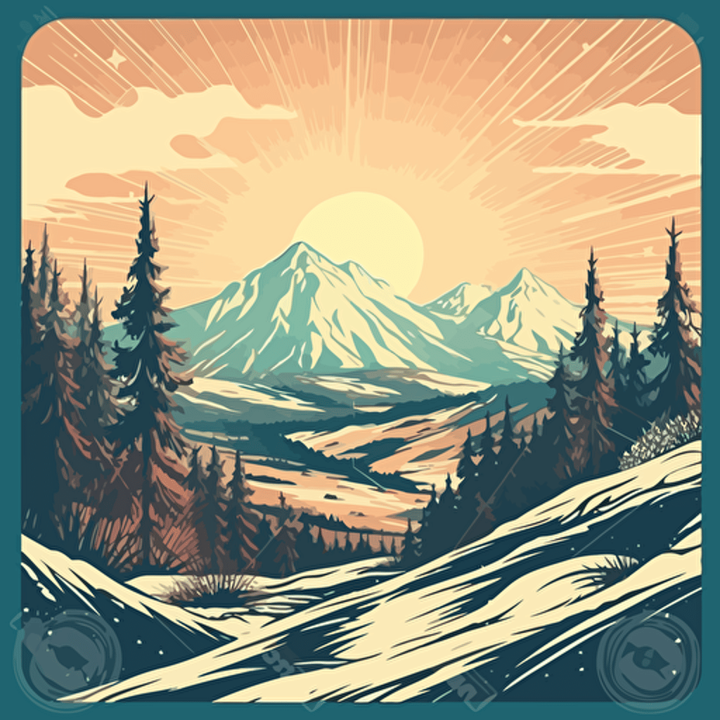 wonderful mountain vista, winter ski area, vector style, 50's retro illustration