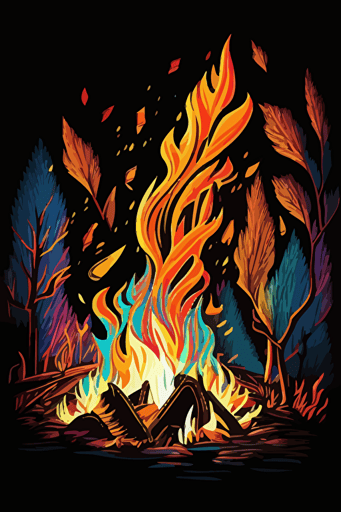 campfire, vivid colors, pop art deco illustration, hand vector art, black background,