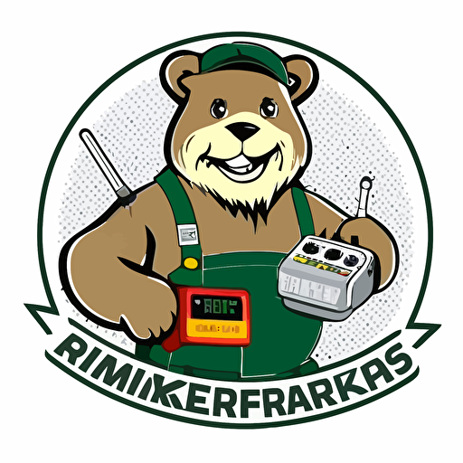 Logotype friendly electrician bear using multimeter, with text: "Rymarks Elektriska", white background, vector style