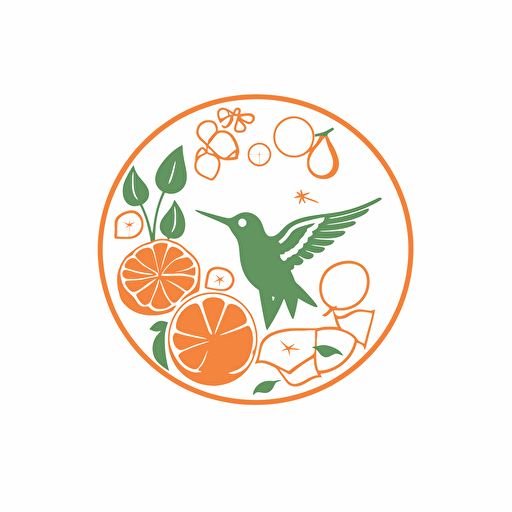 create line logo, minimalist flat SVG vector, showing a hummingbird flying and surrounded by flowers, fruits and vegetables for organic holistic brand, minimalistic, memorable