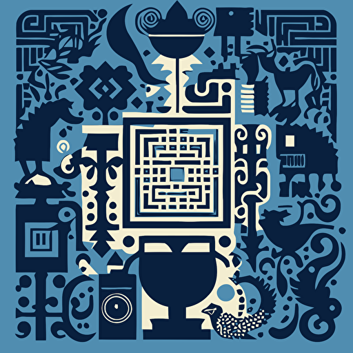 Design a visually captivating vector illustration of a QR code formed by silhouettes of old-fashioned and antique objects, utilizing a minimalistic style with dark blue and black tones. Incorporate geometric flat vectors to create a dynamic composition that evokes the spirit of op art, with precise placement of objects to create optical illusions.