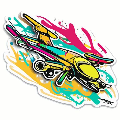 sticker, colorful drone flying, contour, vector, white background