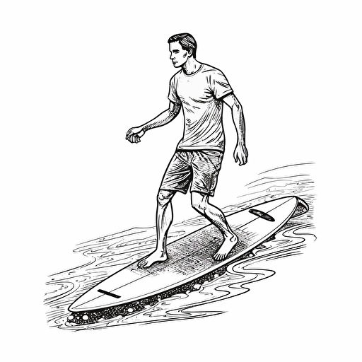 black and white, simple and beautiful, vector art, white background, surfer riding a longboard, hanging 10