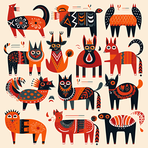 folk art animals in flat vector style