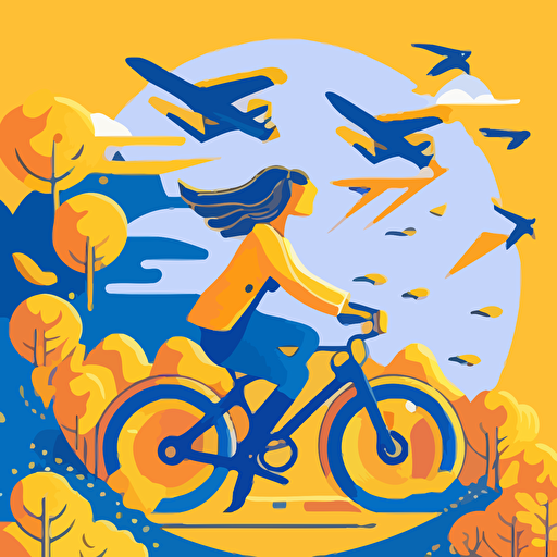 Flat vector style illustrtion girl riding bicycle with plane Mriya flying on the background optimistic scenes of life calm colour palette with blue and yellow color 2D, Malika Favre style