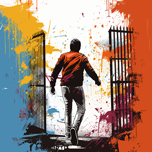 a vector image of a man peacefully leaving prison, graffiti style