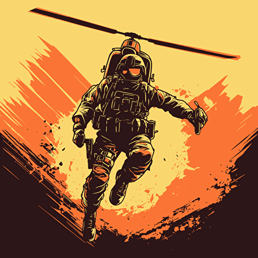 gaming vector style, soldier holding AT launcher jumping out of the helicopter "MH little Bird", vector art