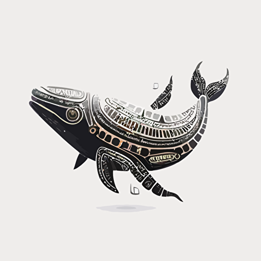 create a vector logo of a cute robotic whale whose body is covered in ancient hieroglyphs. Simple, white background