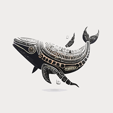create a vector logo of a cute robotic whale whose body is covered in ancient hieroglyphs. Simple, white background
