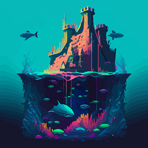 an underwater stronghold lost in a huge ocean, vector style, colorful