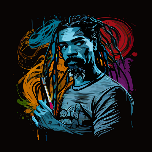 vector, Pen & ink, vibrant concept art, black male, long dreadlocks, mustach, goatee, holding a paintbrush working painting, black background