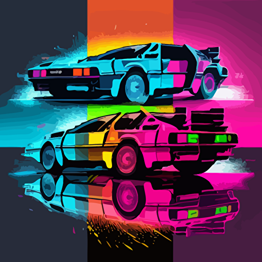 delorean in tych style, peter saville, vector, poster, neon colors