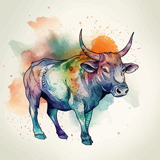 vector line drawing of taurus bull, with multicolor, watercolor background.