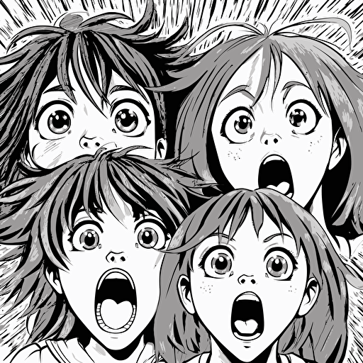 sketch manga anime style, two girls and one long haired boy screaming out loud, big eyes, heads only, black and white vector art, line drawing