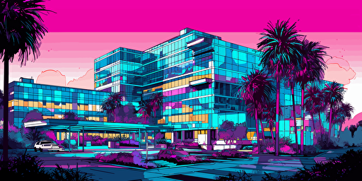 an ink illustration vector DESIGNMILK of cedars-sinai hospital the palette is purple magenta electric blue and green