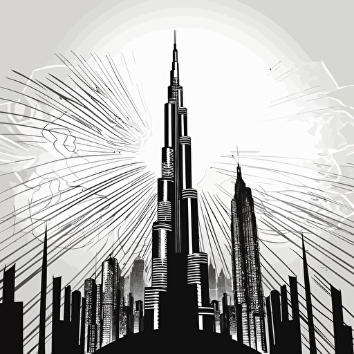 burj khalifa, line illustration, blackand white, vector, rounded shapes,