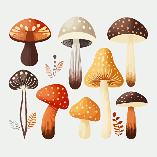 6 different mushrooms. Vector, stickers, simple. White background