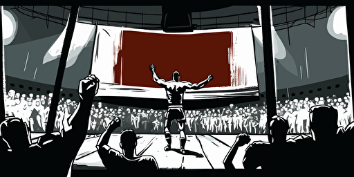 Shooting scene in front of the goalpost at a football stadium where the crowd cheers, Red Black and white, Vector and oil paint poster art,