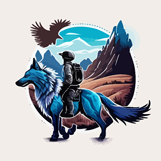 Vector logo that depicts a a dog with blue fur and a goose going on an off-road adventure riding a motorcycle. The background has the silhouette of mountains.