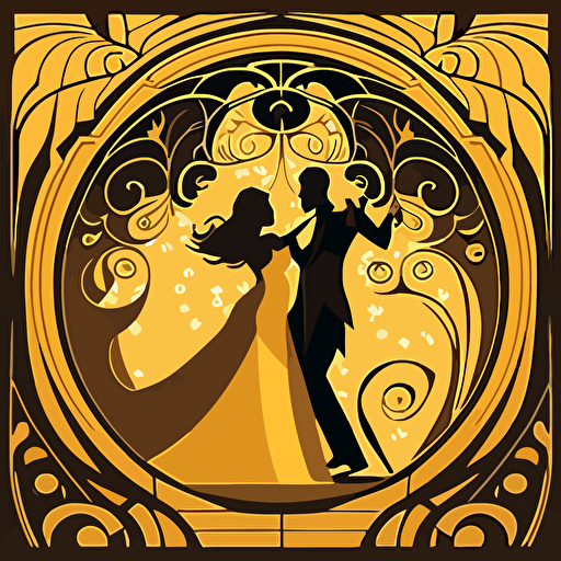 Based on Gustav Klimt's decorative style, design a vector illustration of an elegant ballroom scene with couples dancing together, using simple shapes, patterns, and a golden color palette. Set the scene in the early 20th century.