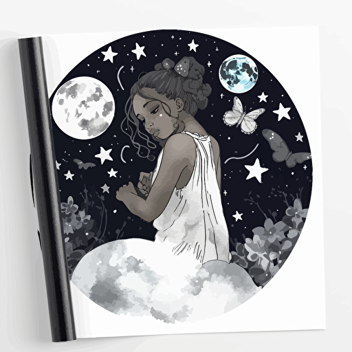 little black girl surrounded by butterflies, constellations, starry sky, Beautiful Gothic Fantasy, Watercolour cartoon, minimalistic illustration, in black and white vector, sticker
