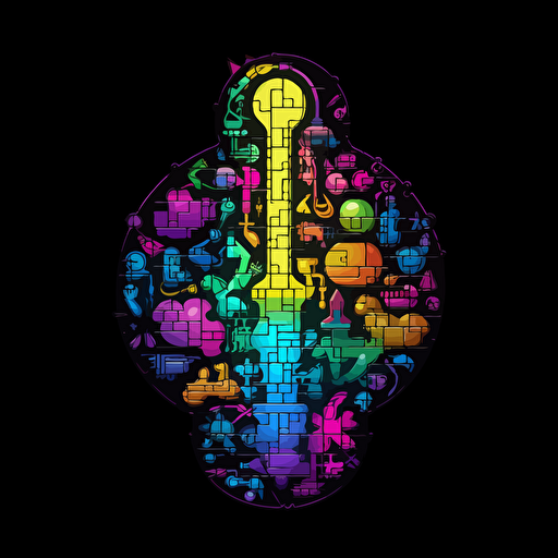 poeple putting a puzzle in the shape of a light bulb together, neon, anime, contour, vector, black background, detailed